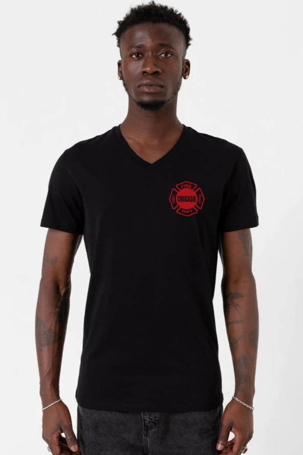 Chicago Fire Logo Siyah Erkek V yaka Tshirt