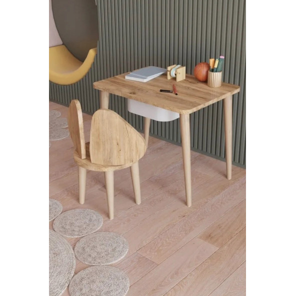 Yüceer Home Montessori Çekmeceli Aktivite Masası ve Sandalyesi Çalışma Seti Atlantik Çam