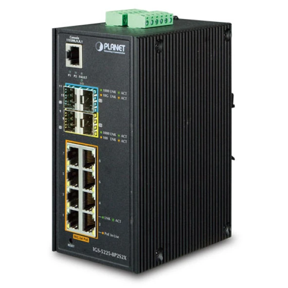 Endüstriyel Tip Yönetilebilir Ethernet Switch (Industrial Managed Ethernet Switch)<br>Basic L3<br>8-Port 10/100/1000Base-T RJ45 with IEEE 802.3at/af PoE+ Injector (Port başına 30.8 watt) (PoE Güç Bütçesi maks. 240 watt)<br>2 x 1000BASE-S