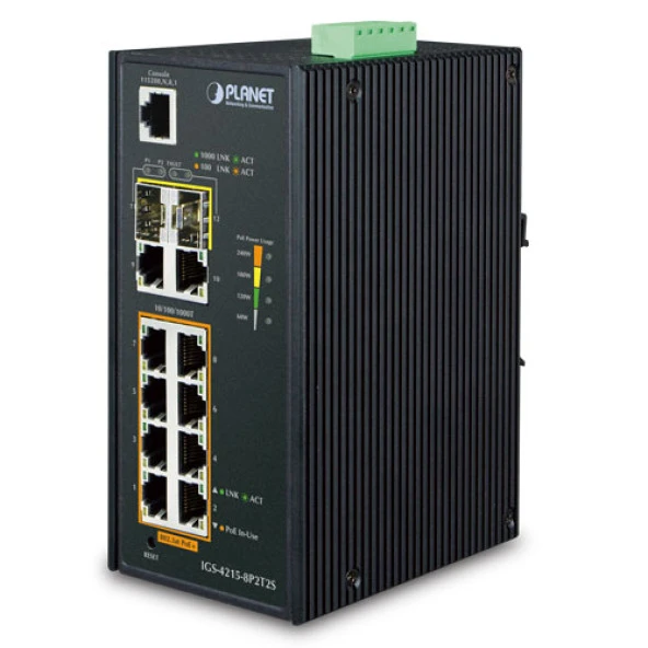 Endüstriyel Tip Yönetilebilir Ethernet Switch (Industrial Managed Ethernet Switch)<br>8-Port 10/100/1000Base-TX 802.3at/af PoE+ Injector (Port başına 30.8 watt) (PoE Güç Bütçesi maks. 240 watt) (Port-1 ve Port-8 arası)<br>2-Port 10/100/1000T (