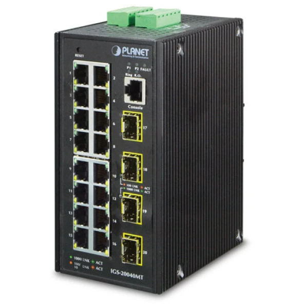 Endüstriyel Tip L2+ Yönetilebilir Switch (Industrial L2+ Managed Switch)<br>16-Port 10/100/1000T<br>4 x 1000BASE-SX/LX/BX SFP/mini-GBIC yuva (Port-17 ile Port-20 arası), 100Base-FX SFP uyumlu<br>IP30, -40~75 Derece C<br>1 x Konsol