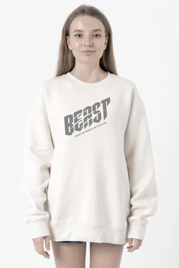 Mr Beast Make The World Beyaz Kadın 2ip Sweatshirt