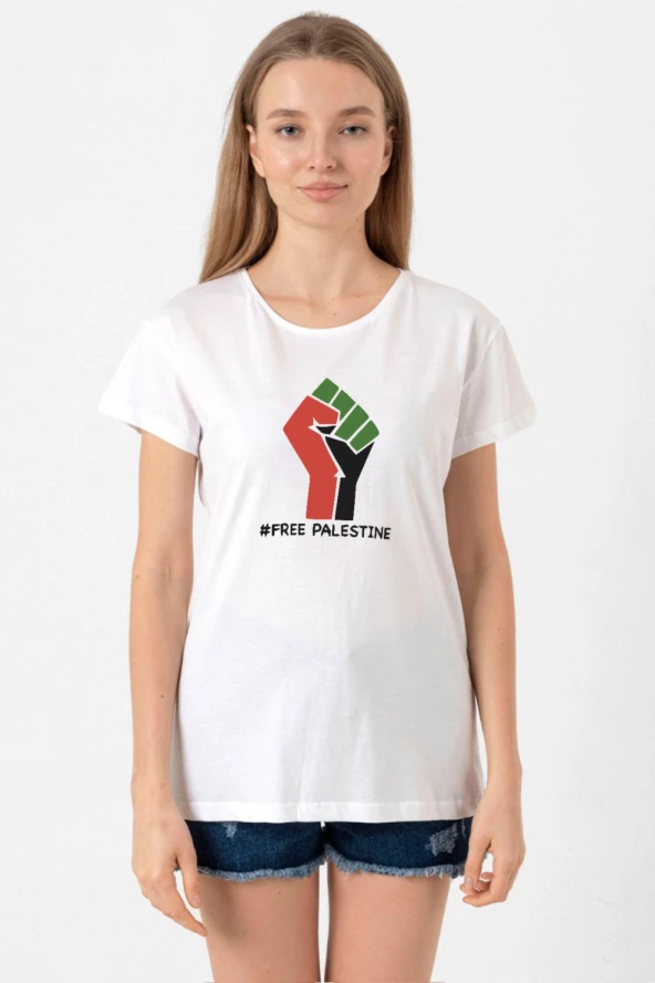 Hand Free Palestine Beyaz Kadın Bisikletyaka Tshirt