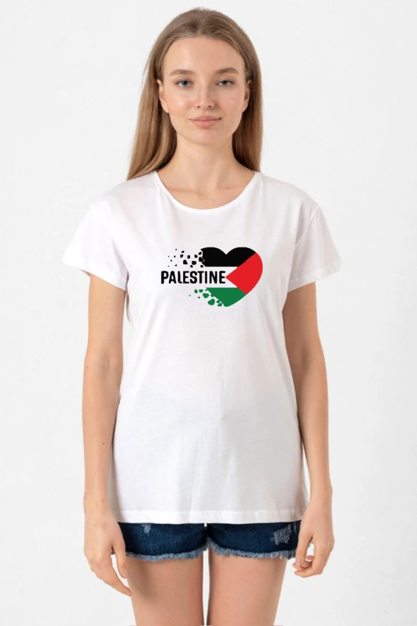 Heart Palestine Flag Beyaz Kadın Bisikletyaka Tshirt