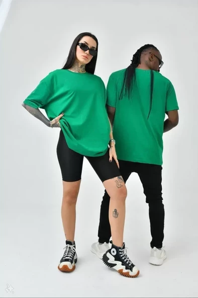 Unisex Basic Bisiklet Yaka Oversize T-Shirt - Yeşil