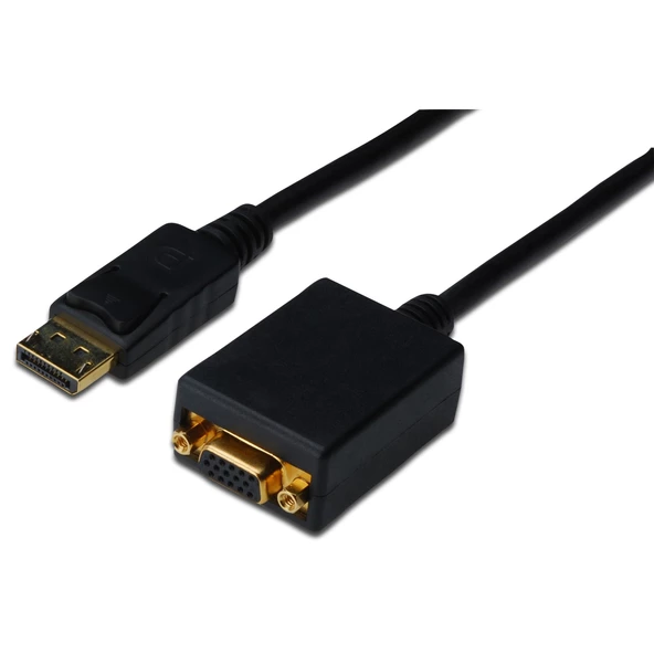 DisplayPort (DP) <-> VGA Adaptörü, DP Erkek - HD15 Dişi, 0.15 metre, kilit mekanizmalı, DP 1.2 uyumlu, UL, siyah renk