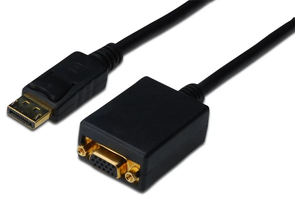DisplayPort (DP) <-> VGA Adaptörü, DP Erkek - HD15 Dişi, 0.15 metre, kilit mekanizmalı, DP 1.2 uyumlu, UL, siyah renk