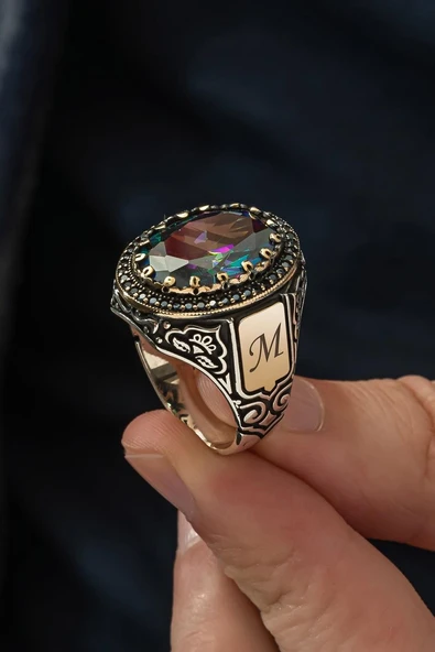 Mistik Topaz Taşlı Harfli  925 Gümüş Erkek Yüzük - Resim 8