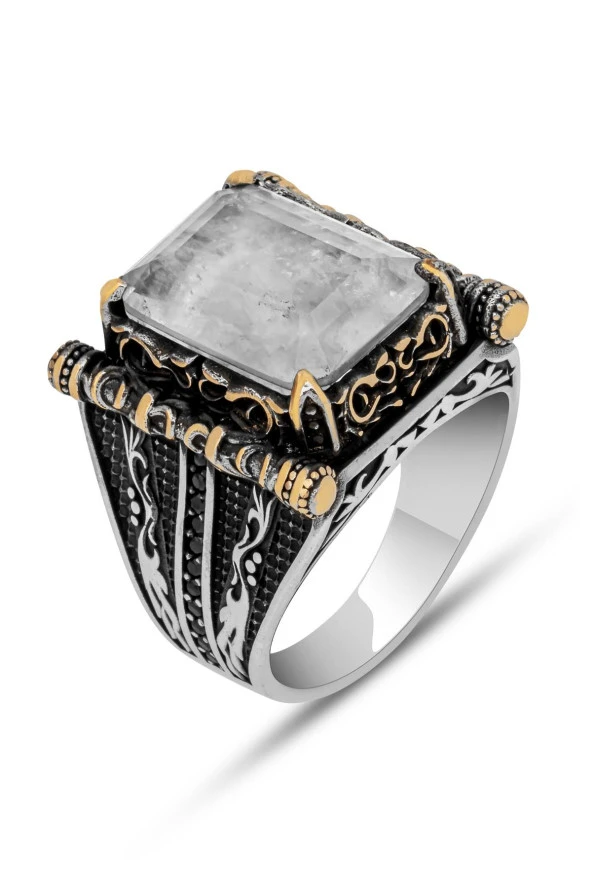 Kare Beyaz Paraiba Taşlı 925 Gümüş Erkek Yüzük - Resim 2