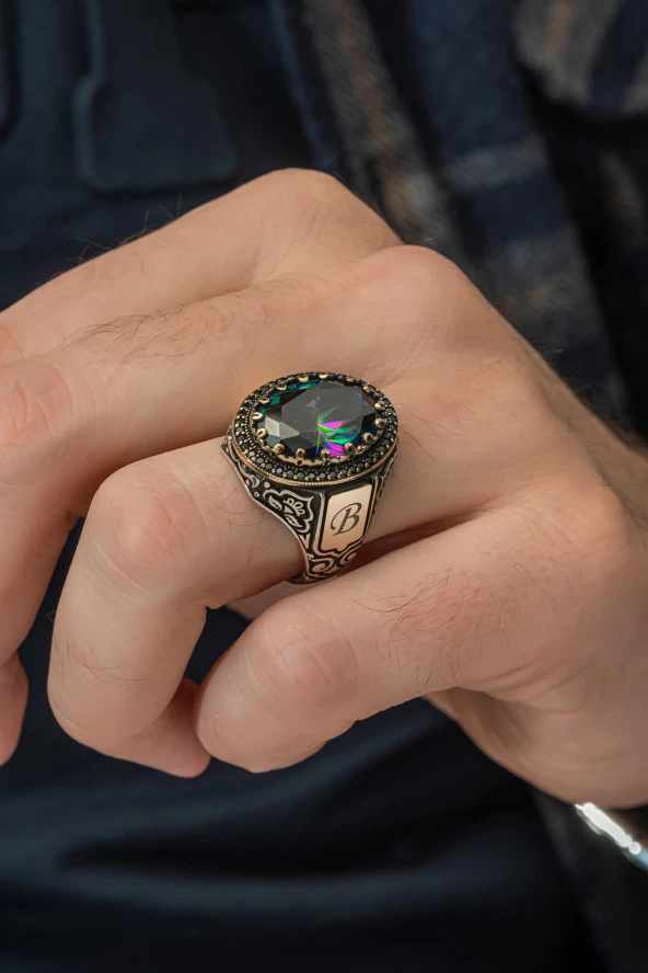 Mistik Topaz Taşlı Harfli  925 Gümüş Erkek Yüzük ürün görseli