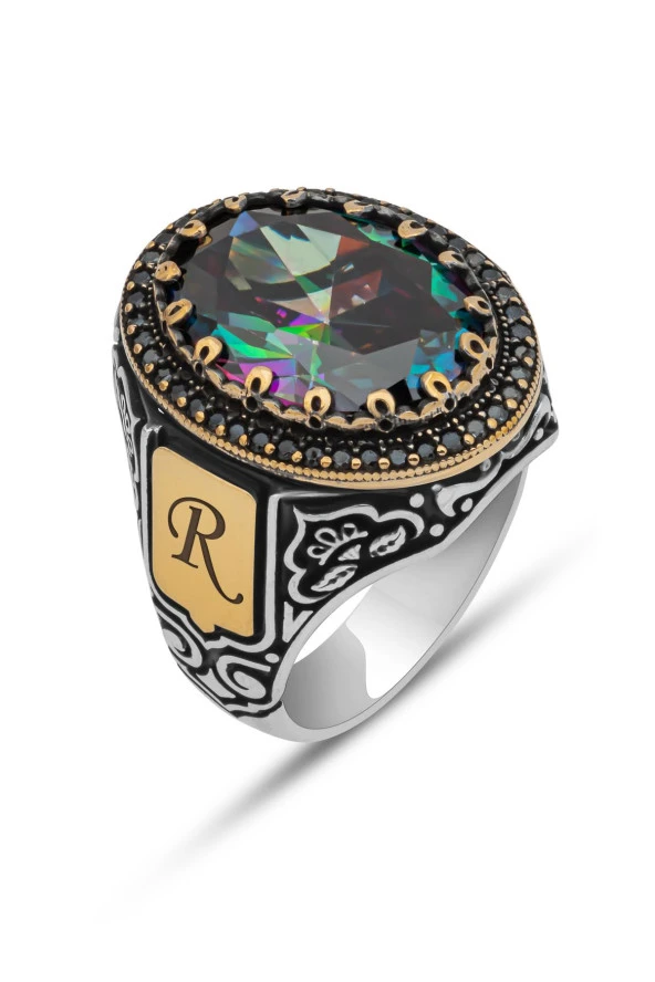 Mistik Topaz Taşlı Harfli  925 Gümüş Erkek Yüzük - Resim 2