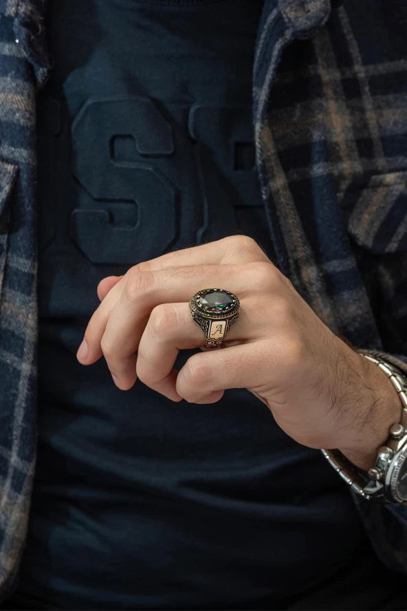 Mistik Topaz Taşlı Harfli  925 Gümüş Erkek Yüzük - Resim 4