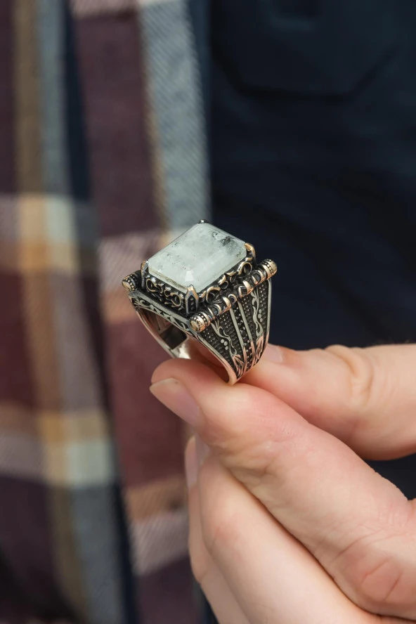 Kare Beyaz Paraiba Taşlı 925 Gümüş Erkek Yüzük - Resim 4