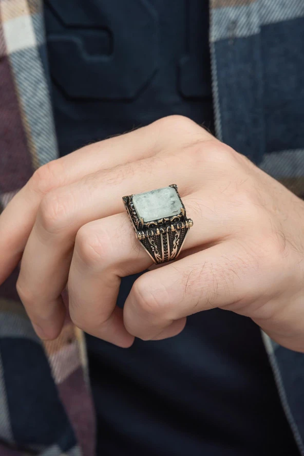 Kare Beyaz Paraiba Taşlı 925 Gümüş Erkek Yüzük - Resim 5