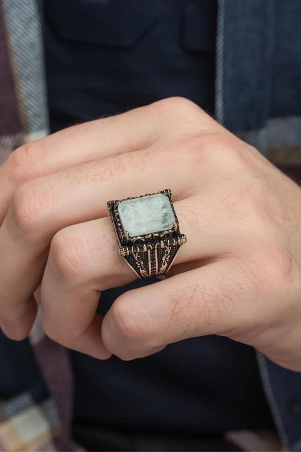 Kare Beyaz Paraiba Taşlı 925 Gümüş Erkek Yüzük - Resim 6