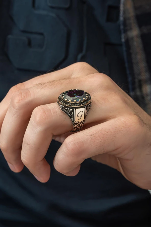 Mistik Topaz Taşlı Harfli  925 Gümüş Erkek Yüzük - Resim 6