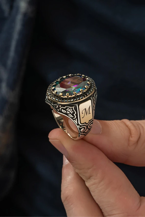 Mistik Topaz Taşlı Harfli  925 Gümüş Erkek Yüzük - Resim 7