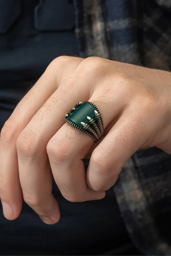 Yeşil Akik Taşlı Pençeli 925 Gümüş Erkek Yüzük ürün görseli