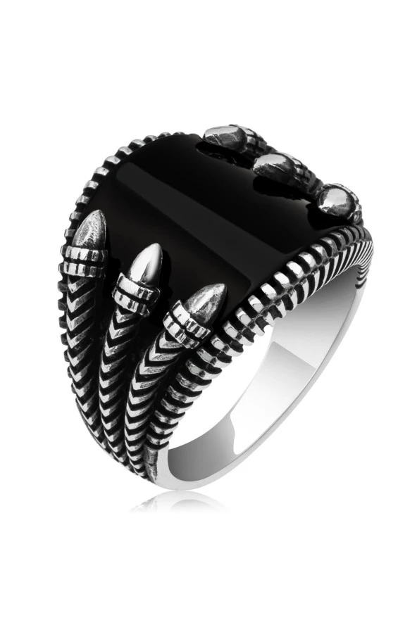 Siyah Oniks Taşlı Pençeli 925 Gümüş Erkek Yüzük - Resim 2