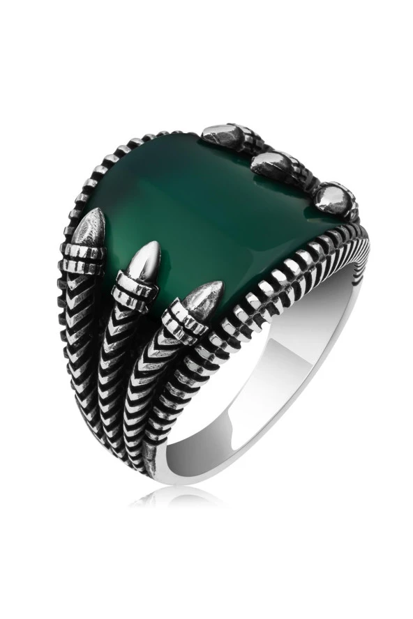 Yeşil Akik Taşlı Pençeli 925 Gümüş Erkek Yüzük - Resim 2