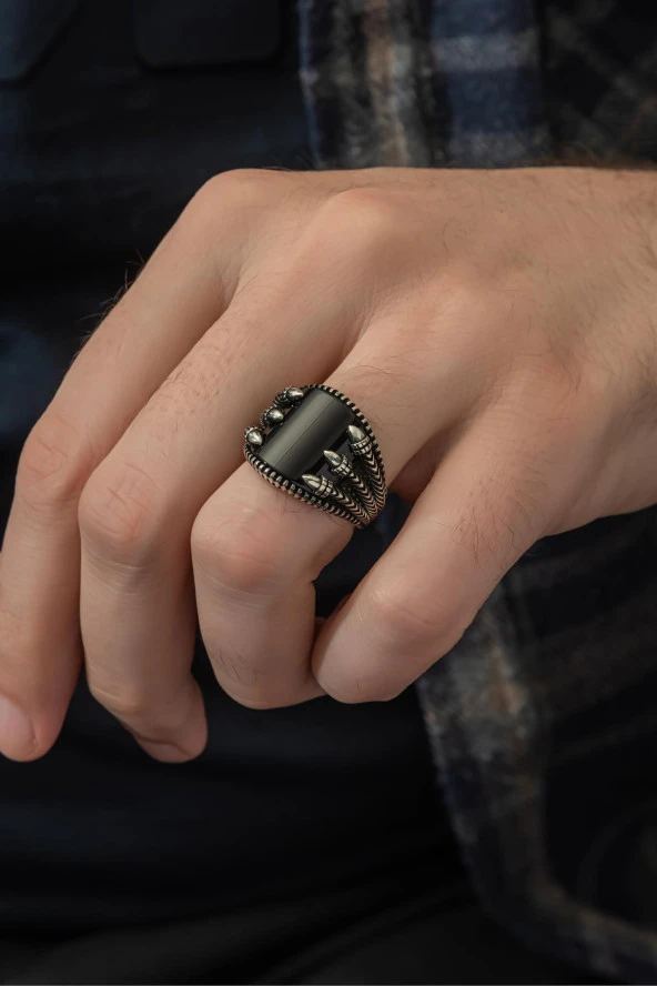Siyah Oniks Taşlı Pençeli 925 Gümüş Erkek Yüzük - Resim 3