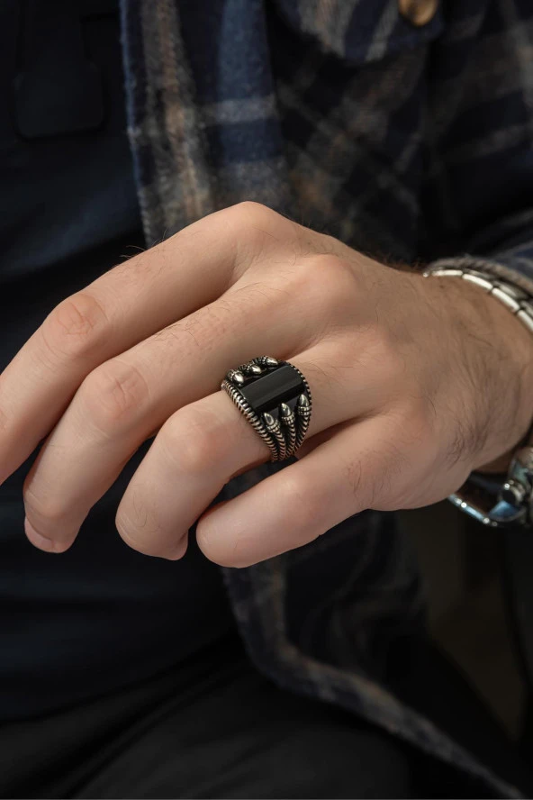 Siyah Oniks Taşlı Pençeli 925 Gümüş Erkek Yüzük - Resim 4