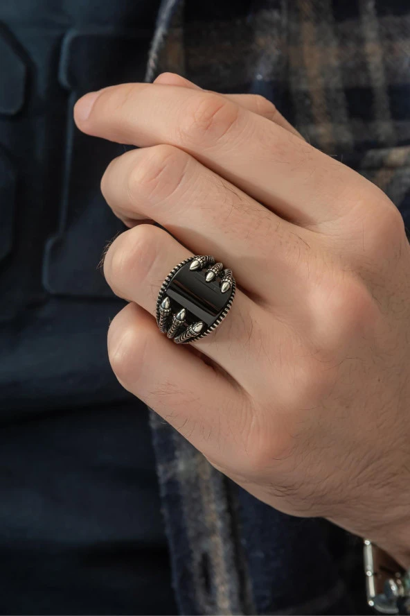 Siyah Oniks Taşlı Pençeli 925 Gümüş Erkek Yüzük - Resim 5