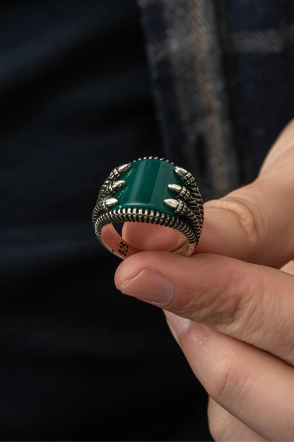 Yeşil Akik Taşlı Pençeli 925 Gümüş Erkek Yüzük - Resim 5
