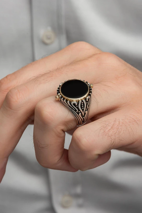 Çift Taraflı İsimli Mineli 925 Gümüş Erkek Yüzük - Resim 5