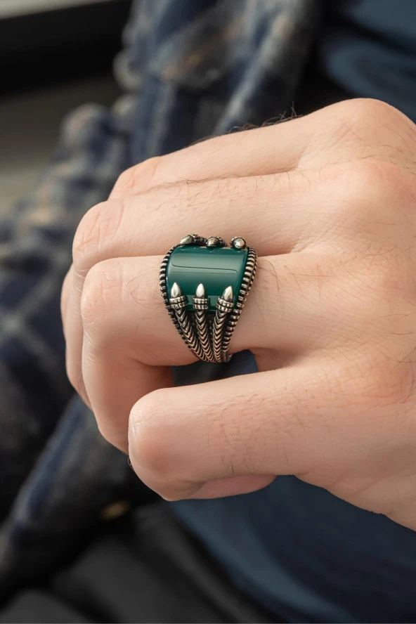 Yeşil Akik Taşlı Pençeli 925 Gümüş Erkek Yüzük - Resim 6