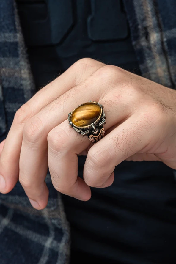 Kaplan Gözü Taşlı 925 Gümüş Erkek Yüzük ürün görseli