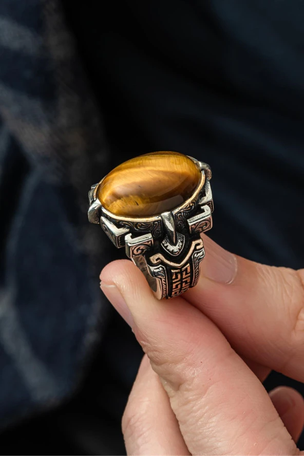 Kaplan Gözü Taşlı 925 Gümüş Erkek Yüzük - Resim 3