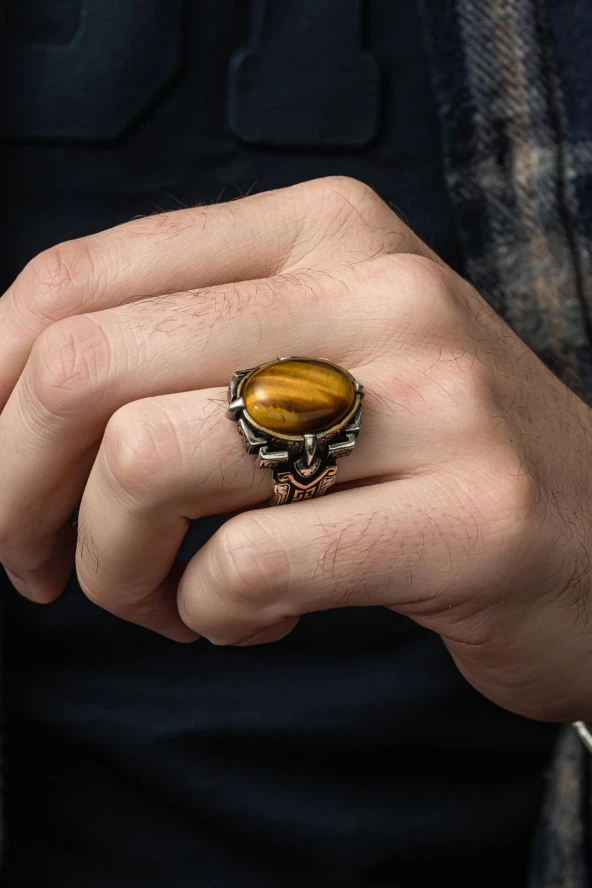 Kaplan Gözü Taşlı 925 Gümüş Erkek Yüzük - Resim 4