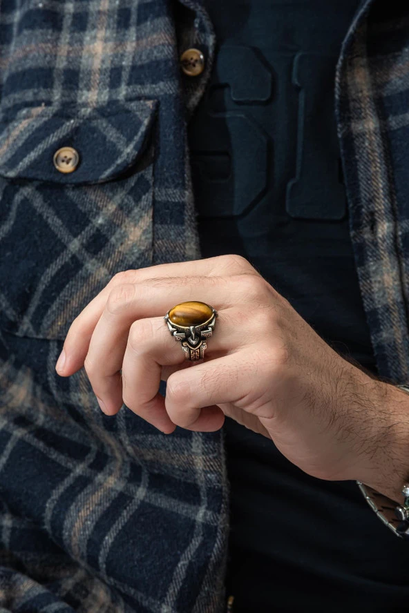 Kaplan Gözü Taşlı 925 Gümüş Erkek Yüzük - Resim 5