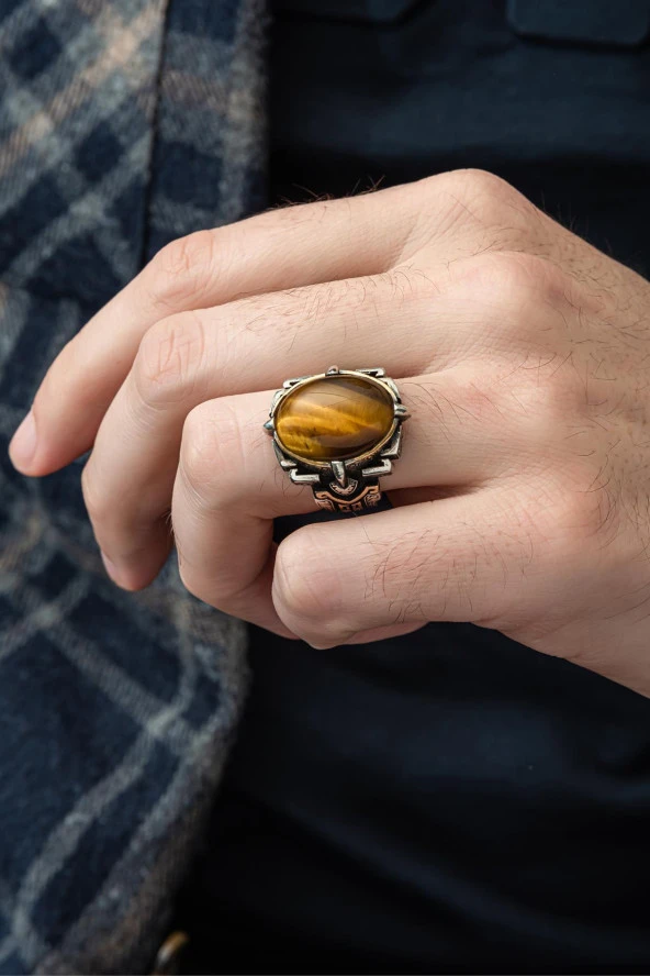 Kaplan Gözü Taşlı 925 Gümüş Erkek Yüzük - Resim 7