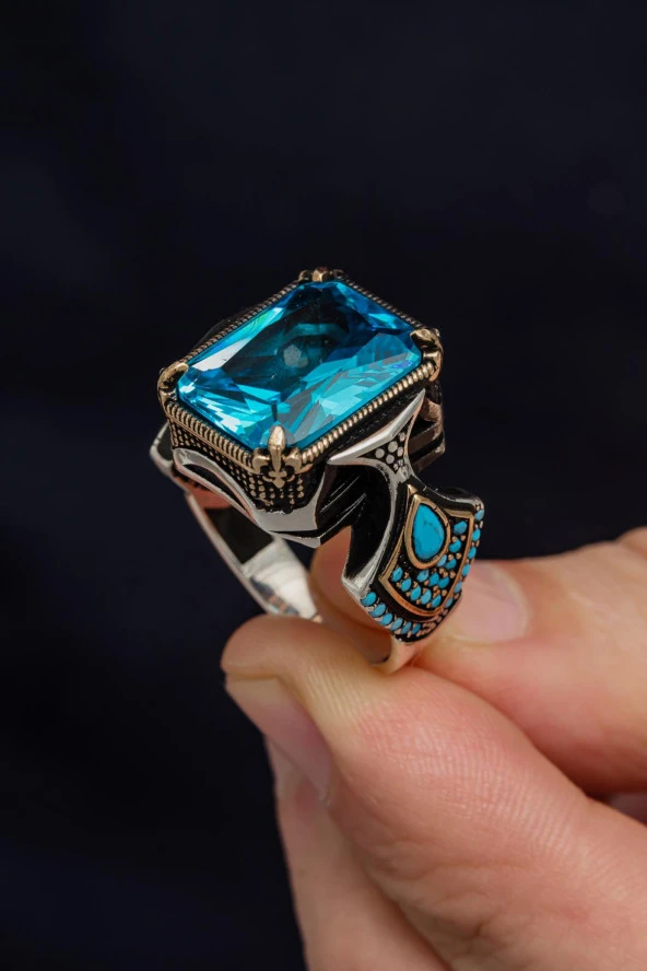 Kare Aqua Mavi Taşlı 925 Gümüş Erkek Yüzük - Resim 3