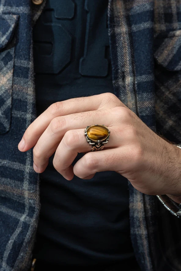 Kaplan Gözü Taşlı 925 Gümüş Erkek Yüzük - Resim 9