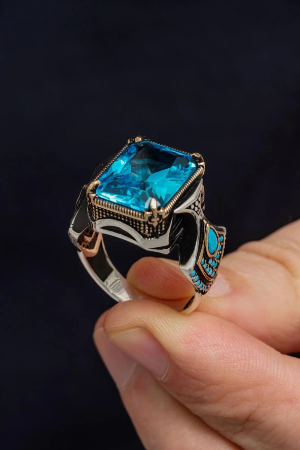 Kare Aqua Mavi Taşlı 925 Gümüş Erkek Yüzük - Resim 5