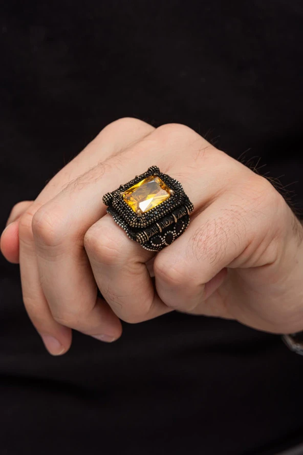 Kare Sarı Taşlı 925 Gümüş Erkek Yüzük ürün görseli