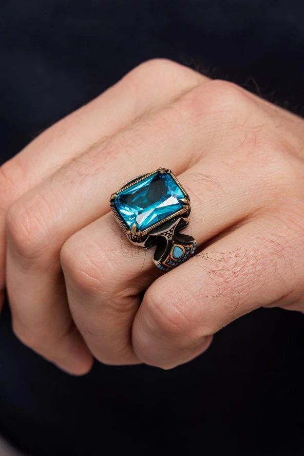 Kare Aqua Mavi Taşlı 925 Gümüş Erkek Yüzük - Resim 6