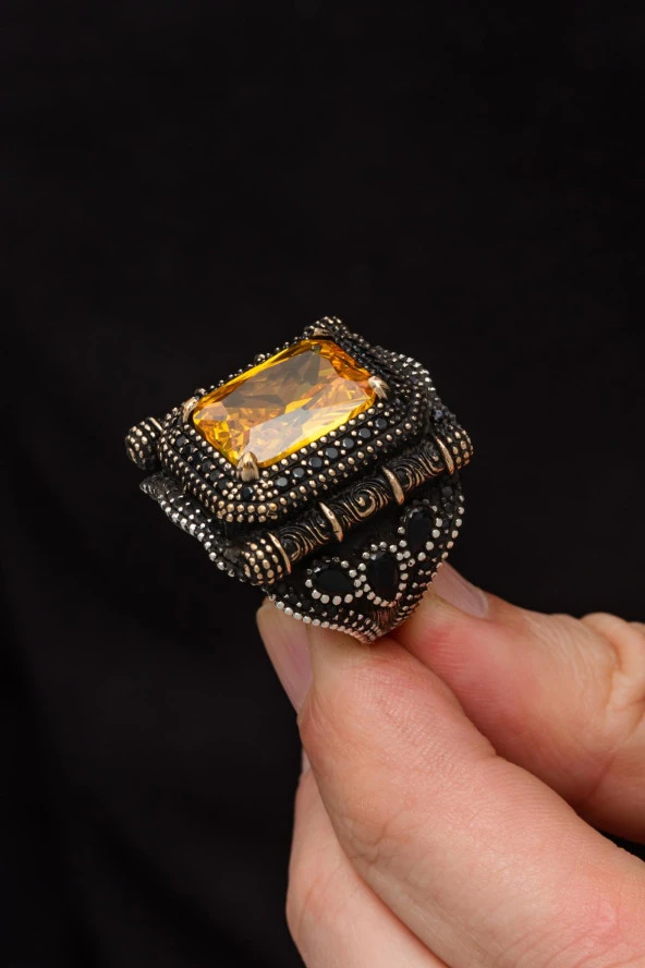 Kare Sarı Taşlı 925 Gümüş Erkek Yüzük - Resim 3