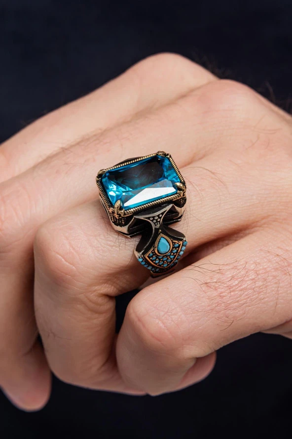 Kare Aqua Mavi Taşlı 925 Gümüş Erkek Yüzük - Resim 9