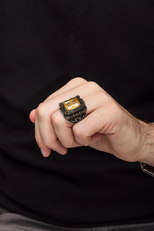 Kare Sarı Taşlı 925 Gümüş Erkek Yüzük - Resim 4