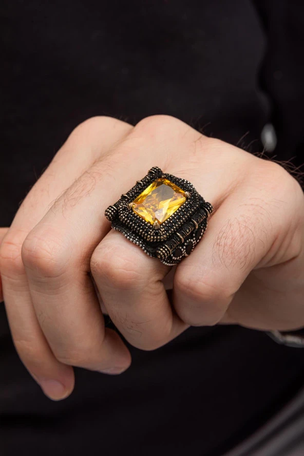 Kare Sarı Taşlı 925 Gümüş Erkek Yüzük - Resim 5