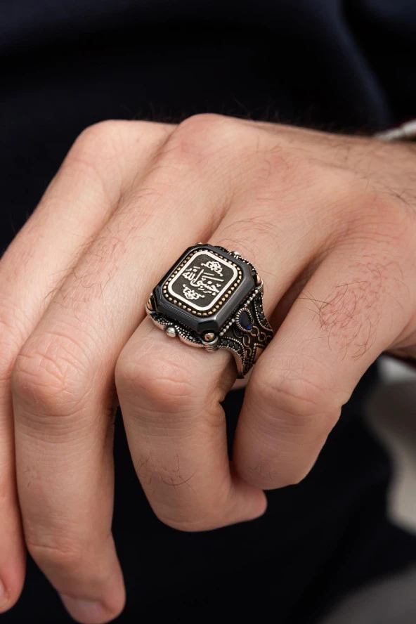 Hasbiyallah Yazılı Kare Siyah Taşlı 925 Gümüş Erkek Yüzük - Resim 4