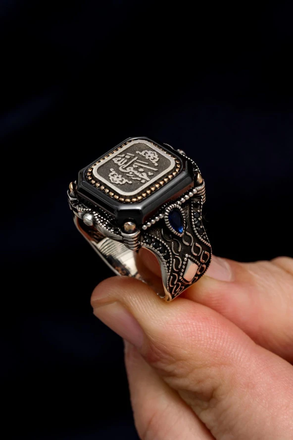 Hasbiyallah Yazılı Kare Siyah Taşlı 925 Gümüş Erkek Yüzük - Resim 5