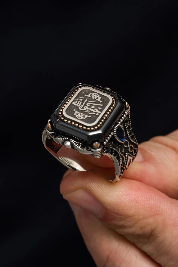 Hasbiyallah Yazılı Kare Siyah Taşlı 925 Gümüş Erkek Yüzük - Resim 7