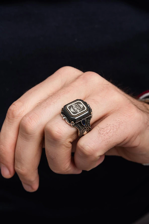 Hasbiyallah Yazılı Kare Siyah Taşlı 925 Gümüş Erkek Yüzük - Resim 8