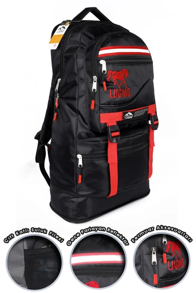 Lugmo Reflektörlü Dağcı Sırt Çantası Deprem Çantası Körüklü 65 Litre Siyah Kırmızı - 2