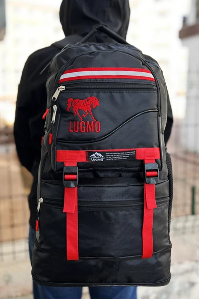Lugmo Reflektörlü Dağcı Sırt Çantası Deprem Çantası Körüklü 65 Litre Siyah Kırmızı - 3